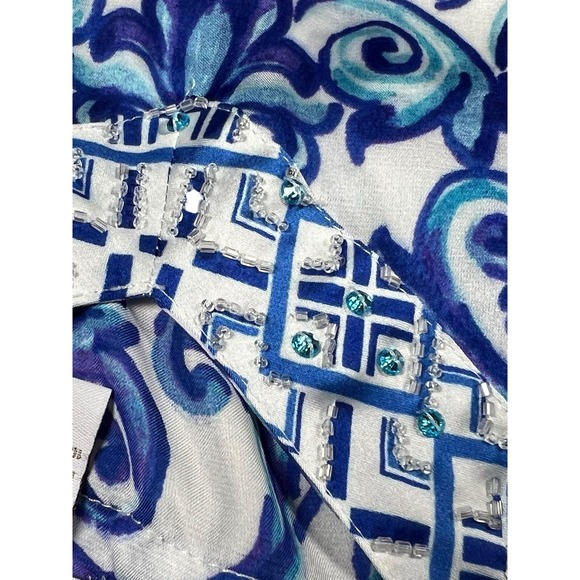 Chico's Womens Embellished V Neck Blue Peplum Blouse Top 2 US L Coastal Florida - Picture 11 of 14